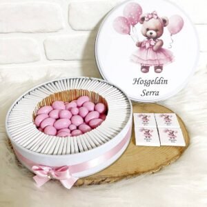 50 Adet+200 Gr Drajeli Balon Tutan Tütülü Ayıcık Temalı İsme Özel Hoşgeldin Kız Bebek Hediyelik Çikolata
