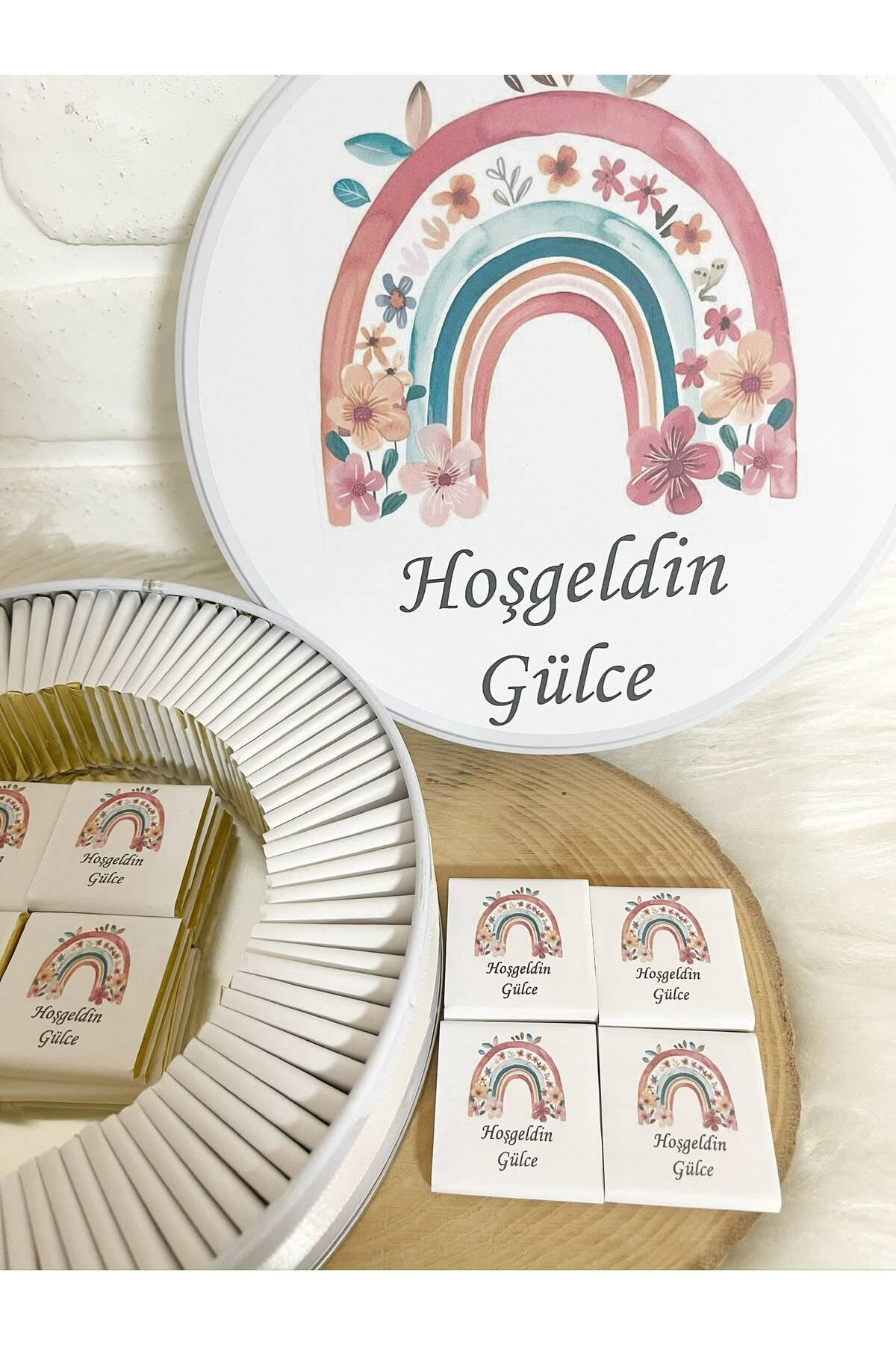 80 Adet Çiçekli Gökkuşağı Konsept İsme Özel Hoşgeldin Kız Bebek Hediyelik Çikolata - Görsel 3