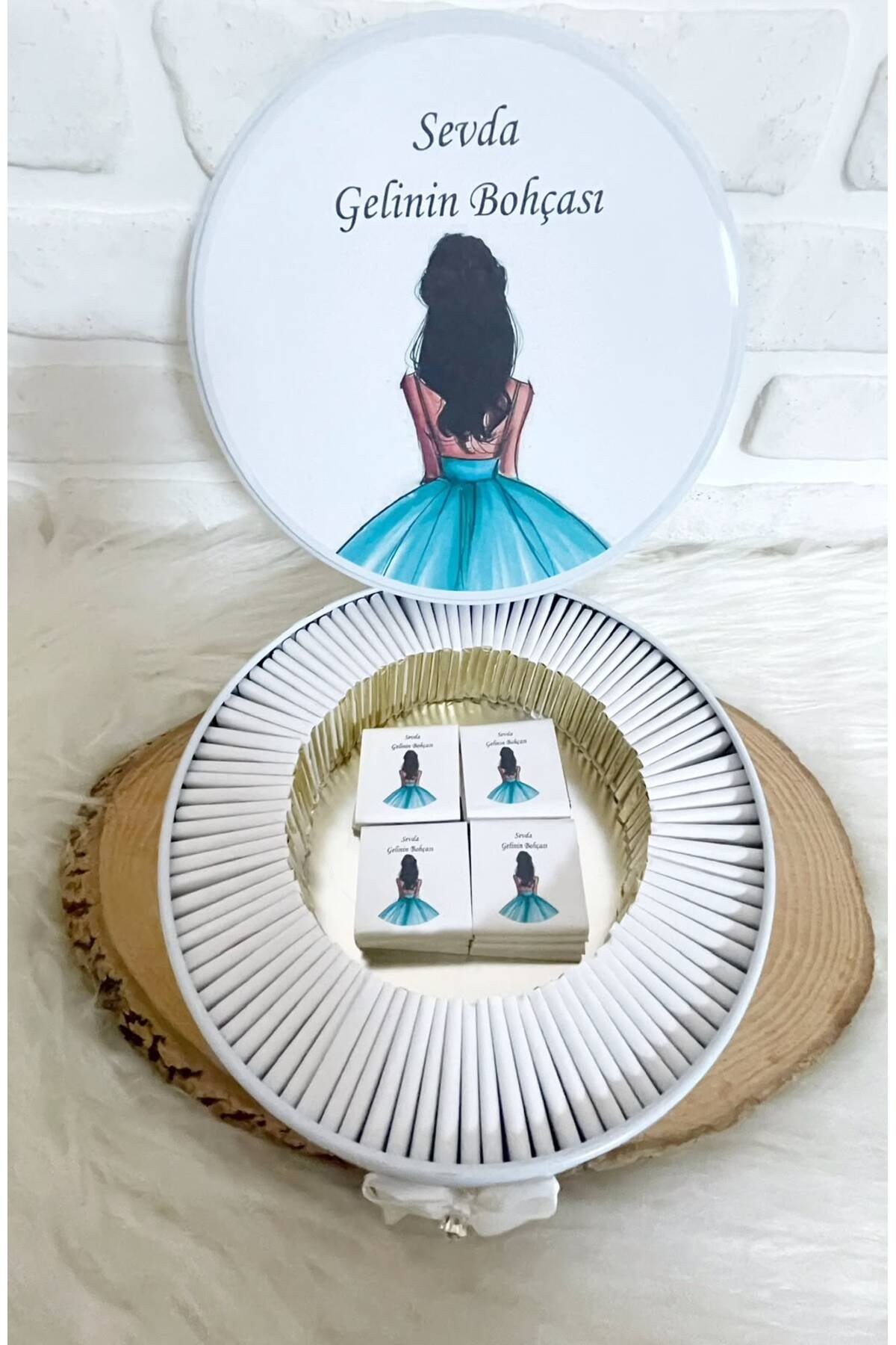 150 Adet Yeşil Gelinlikli İsme Özel Gelin Bohçası Hediyelik Çikolata - Görsel 4