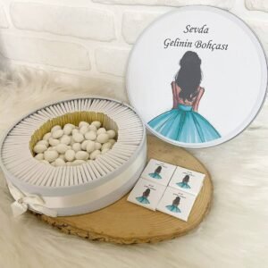 80 Adet+200 Gr Drajeli Yeşil Gelinlikli İsme Özel Gelin Bohçası Hediyelik Çikolata