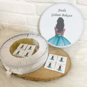 50 Adet Yeşil Gelinlikli İsme Özel Gelin Bohçası Hediyelik Çikolata