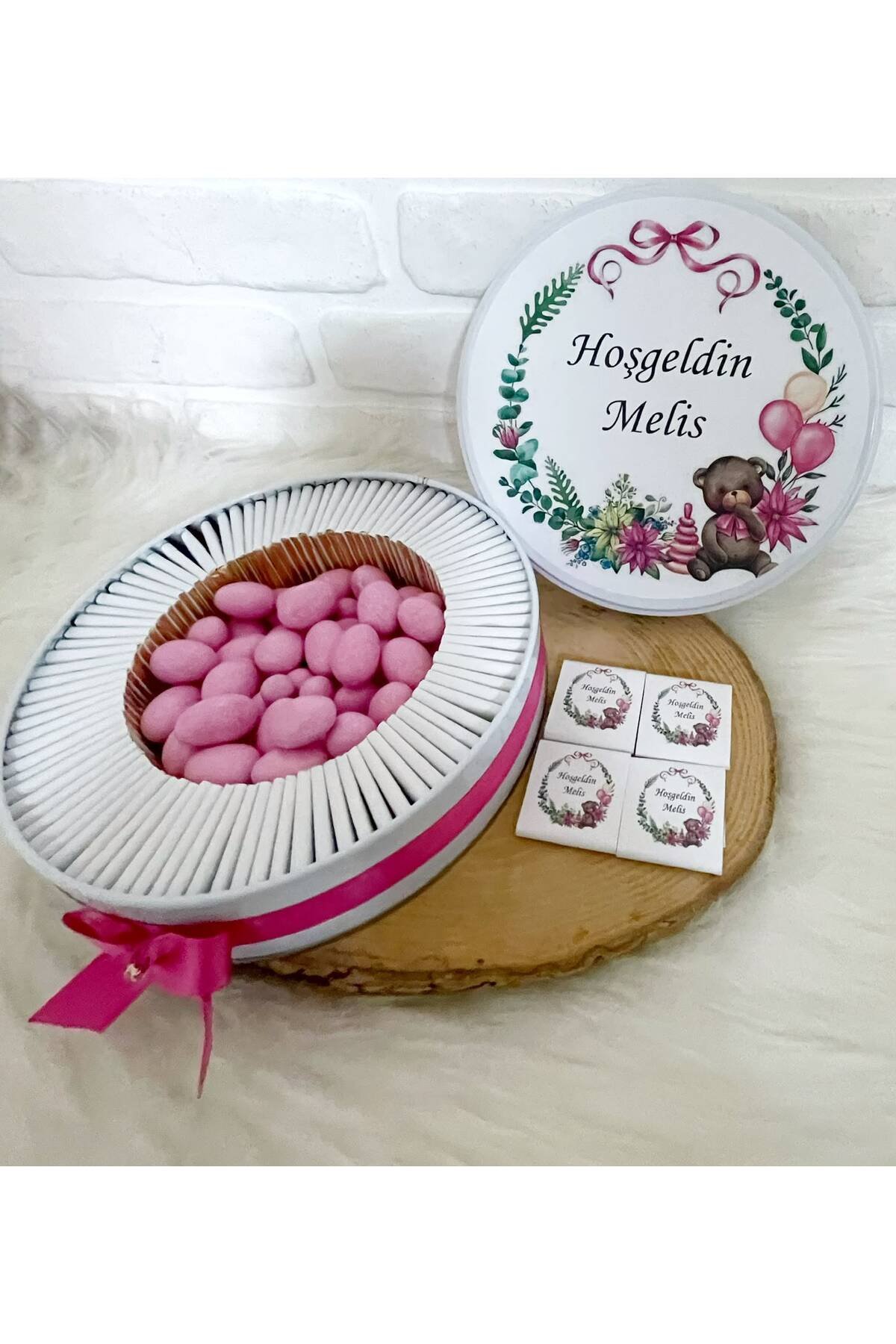 200 Adet+200 Gr Drajeli Pembe Ayıcık Çerçeveli İsme Özel Hoşgeldin Kız Bebek Hediyelik Çikolata - Görsel 2