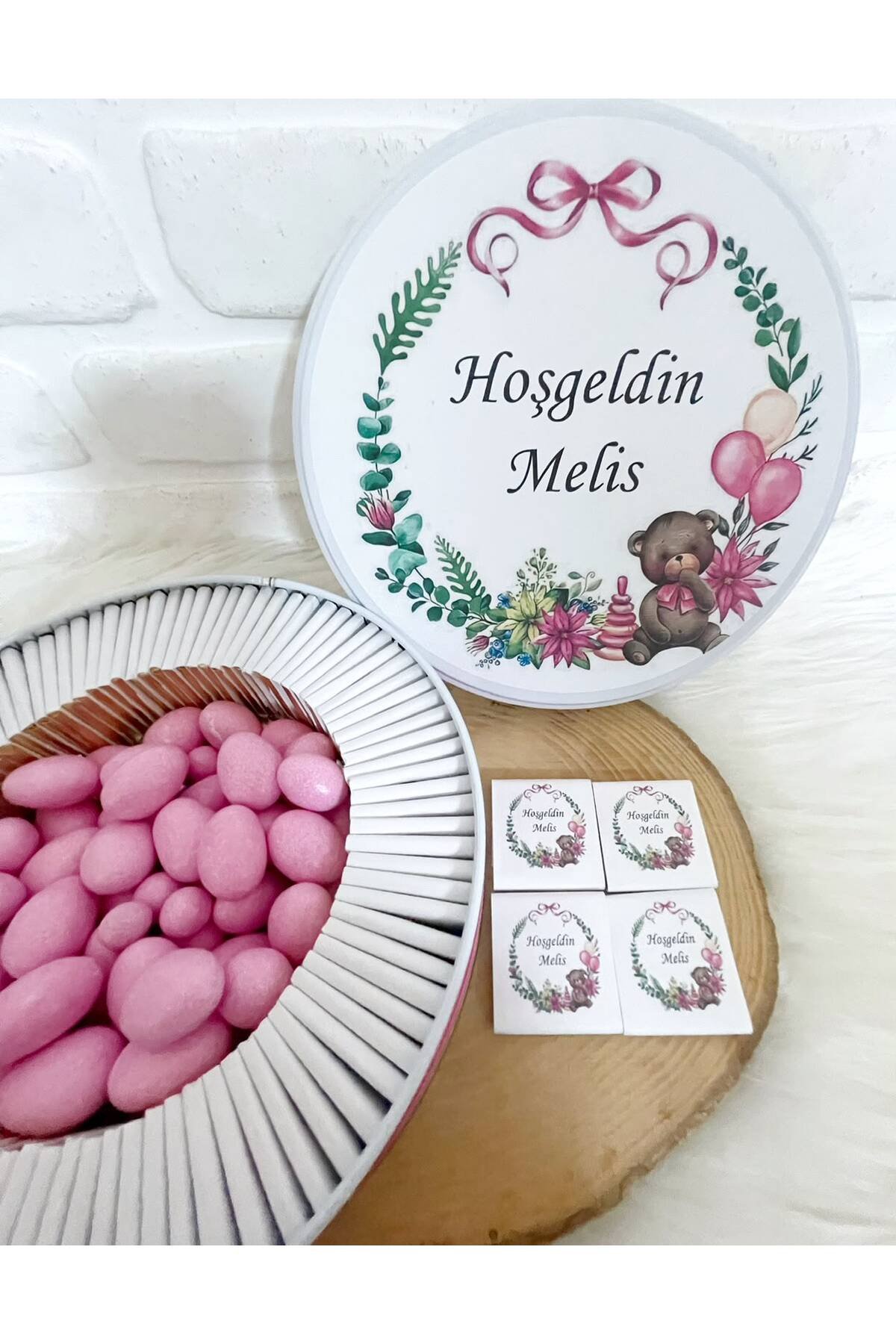 200 Adet+200 Gr Drajeli Pembe Ayıcık Çerçeveli İsme Özel Hoşgeldin Kız Bebek Hediyelik Çikolata - Görsel 3