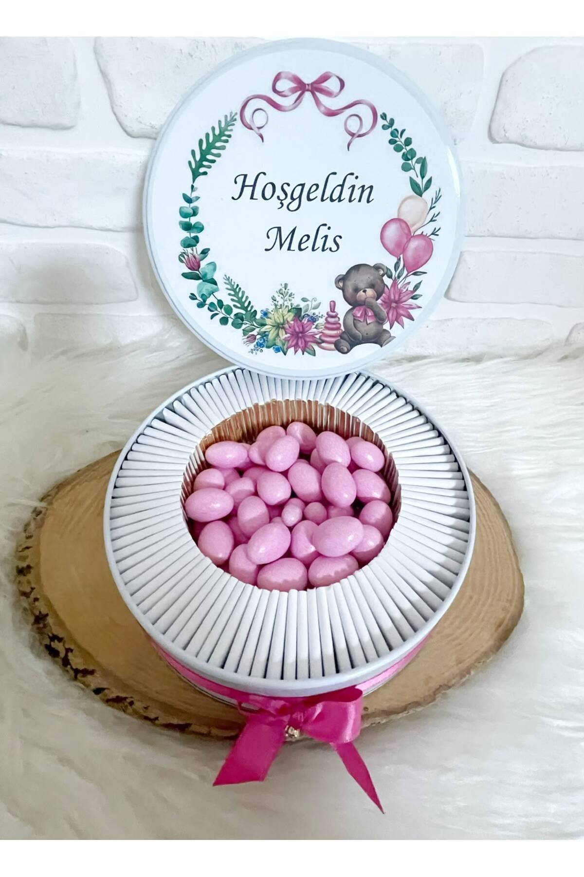 200 Adet+200 Gr Drajeli Pembe Ayıcık Çerçeveli İsme Özel Hoşgeldin Kız Bebek Hediyelik Çikolata - Görsel 4
