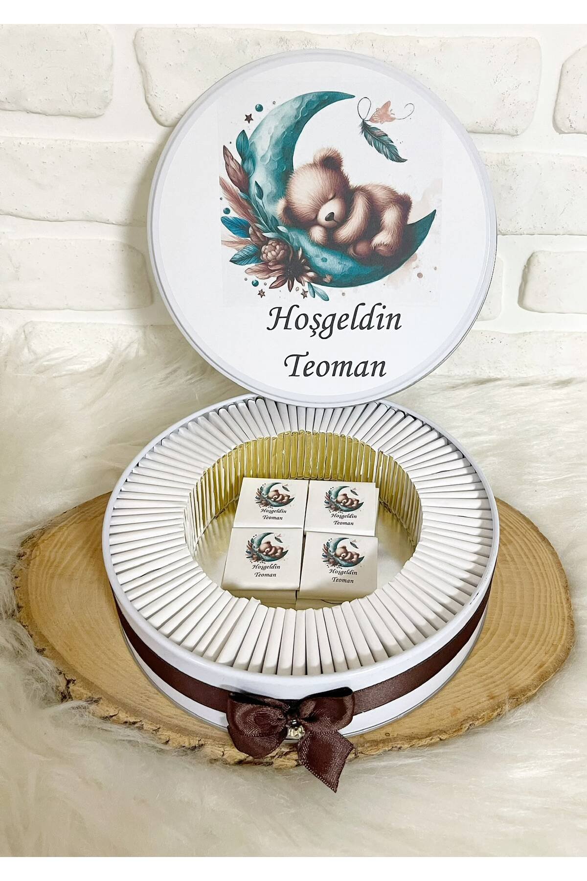 80 Adet Yeşil Ayda Uyuyan Ayıcık Temalı İsme Özel Hoşgeldin Erkek Bebek Hediyelik Çikolata - Görsel 4
