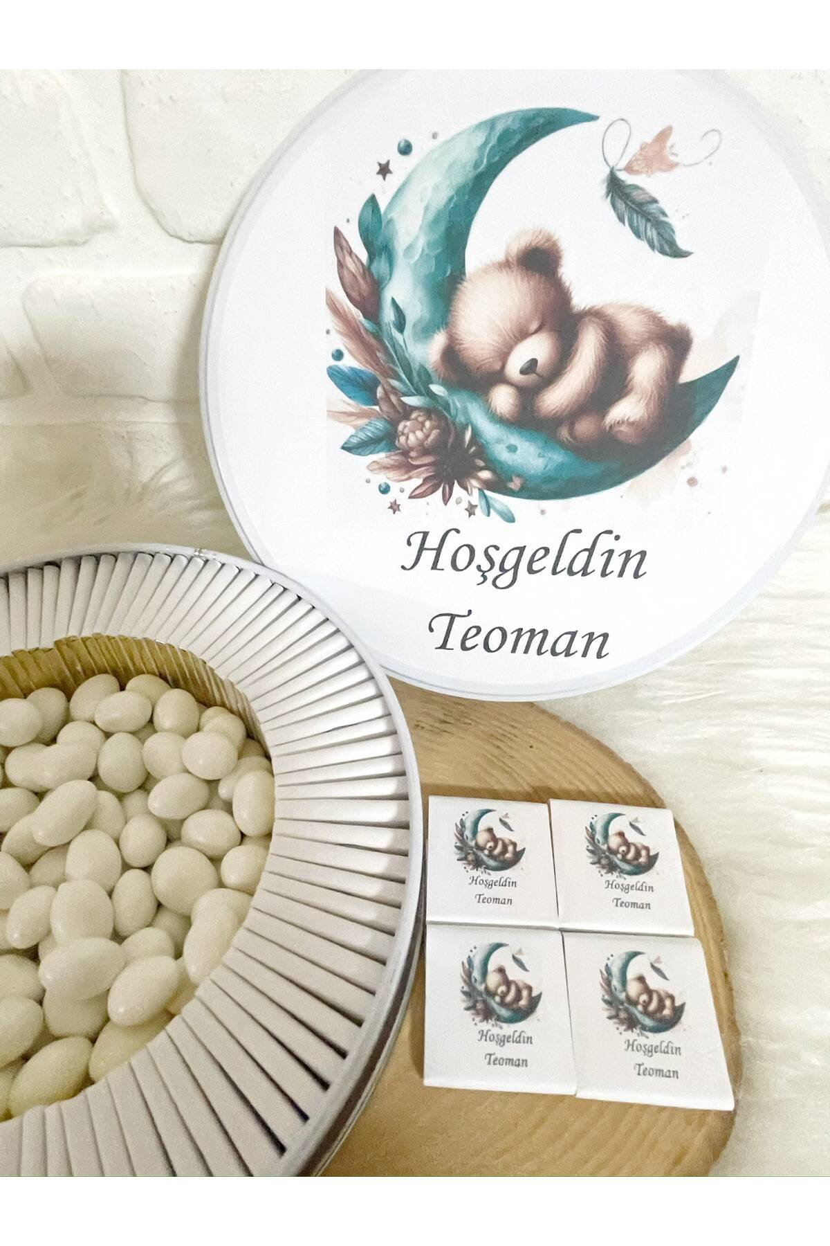 200 Adet+200 Gr Drajeli Yeşil Ayda Uyuyan Ayıcık Temalı İsme Özel Hoşgeldin Erkek Bebek Hediyelik Çikolata - Görsel 3