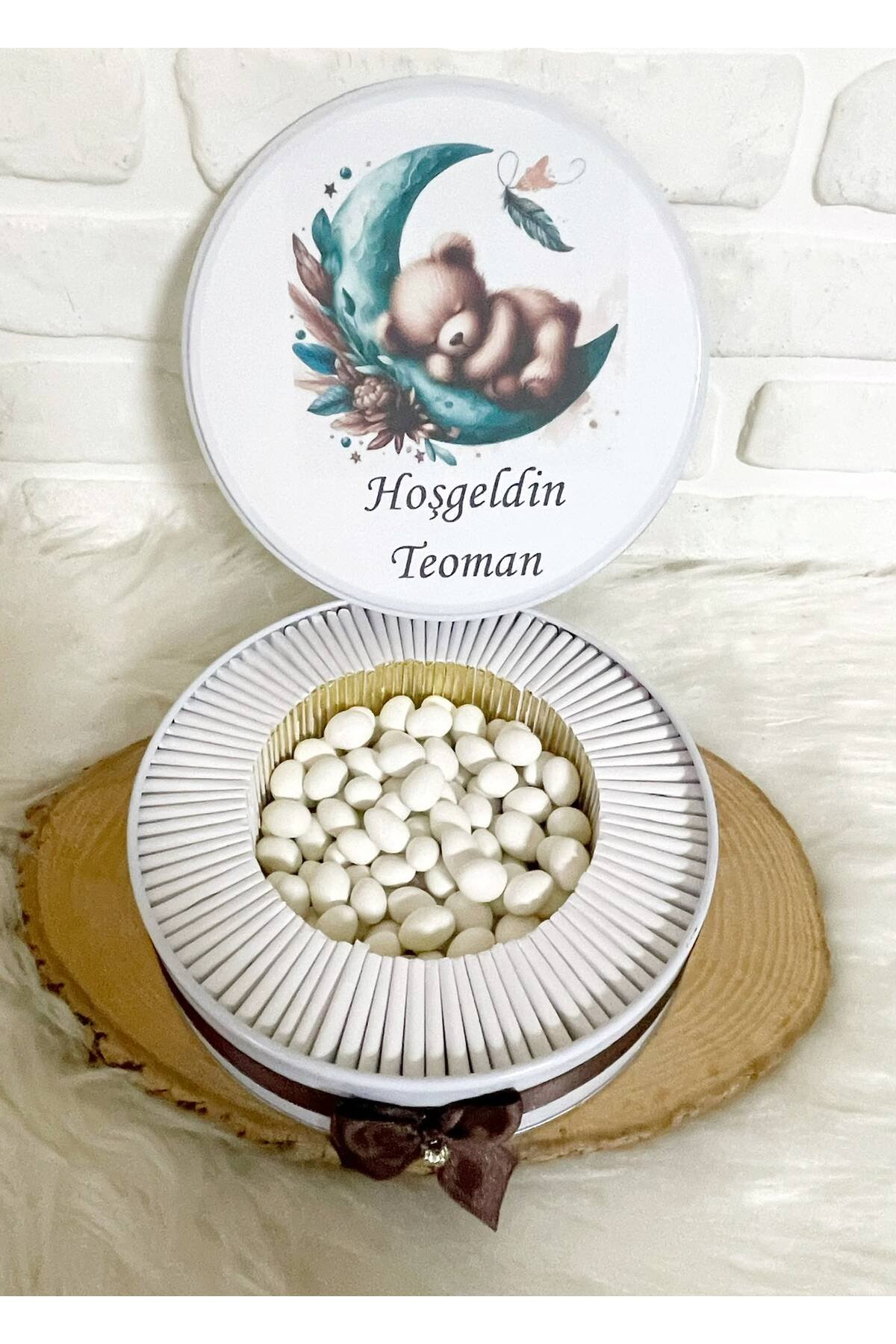 200 Adet+200 Gr Drajeli Yeşil Ayda Uyuyan Ayıcık Temalı İsme Özel Hoşgeldin Erkek Bebek Hediyelik Çikolata - Görsel 4