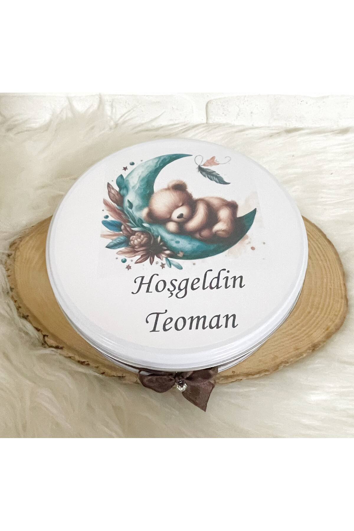 200 Adet+200 Gr Drajeli Yeşil Ayda Uyuyan Ayıcık Temalı İsme Özel Hoşgeldin Erkek Bebek Hediyelik Çikolata - Görsel 5