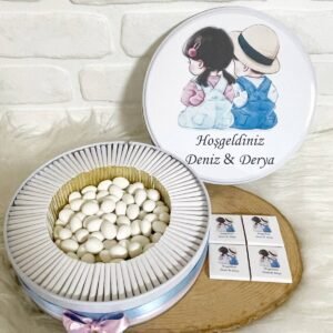 100 Adet+200 Gr Drajeli İkiz Kardeşler Temalı İsme Özel Hoşgeldin Kız-Erkek Bebek Hediyelik Çikolata