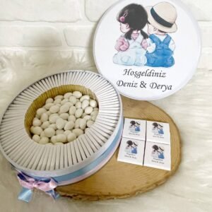 150 Adet+200 Gr Drajeli İkiz Kardeşler Temalı İsme Özel Hoşgeldin Kız-Erkek Bebek Hediyelik Çikolata