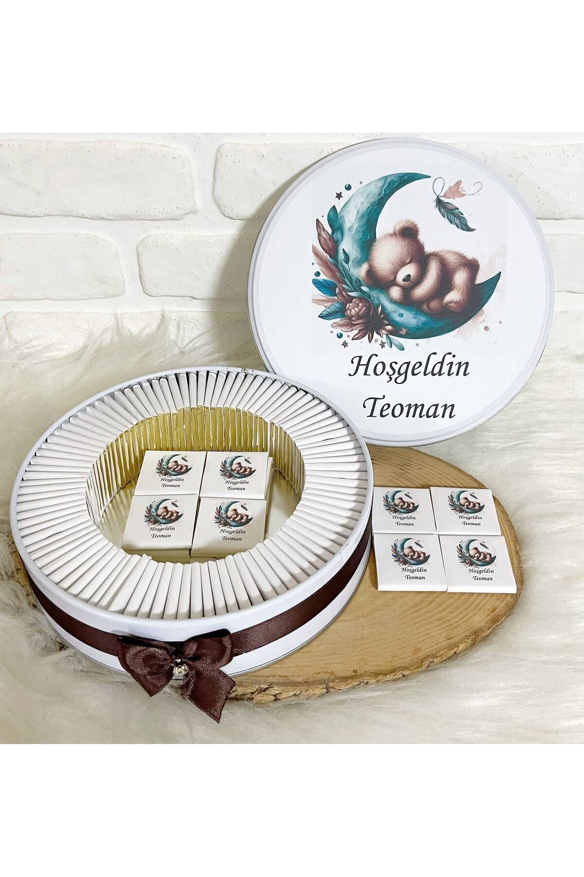 200 Adet Yeşil Ayda Uyuyan Ayıcık Temalı İsme Özel Hoşgeldin Erkek Bebek Hediyelik Çikolata - Görsel 2