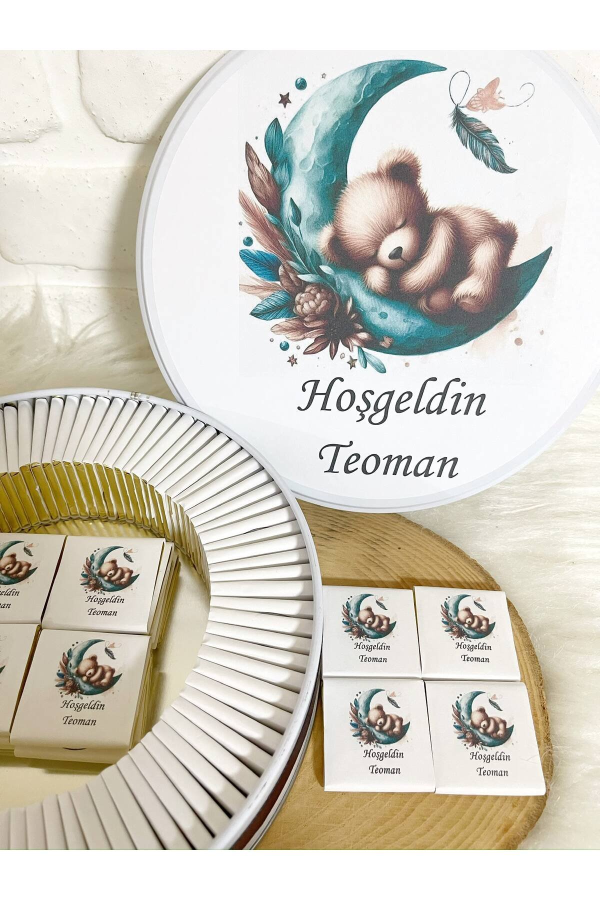 200 Adet Yeşil Ayda Uyuyan Ayıcık Temalı İsme Özel Hoşgeldin Erkek Bebek Hediyelik Çikolata - Görsel 3