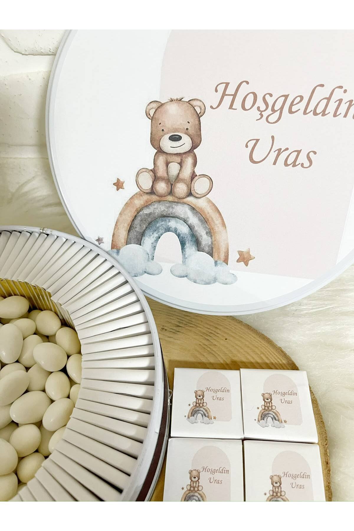 100 Adet+200 Gr Drajeli Gökkuşağında Oturan Ayıcık Temalı İsme Özel Hoşgeldin Erkek Bebek Hediyelik Çikolata - Görsel 3