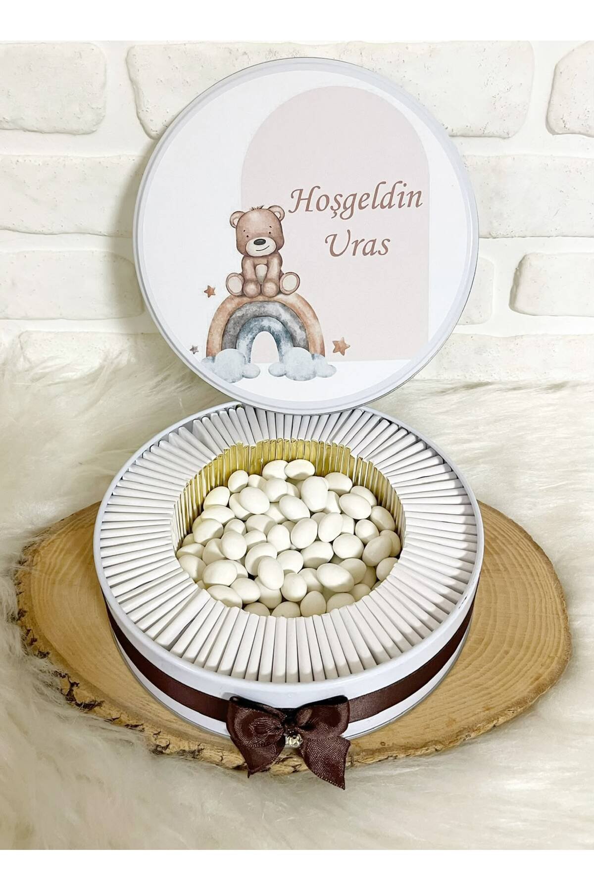 100 Adet+200 Gr Drajeli Gökkuşağında Oturan Ayıcık Temalı İsme Özel Hoşgeldin Erkek Bebek Hediyelik Çikolata - Görsel 4