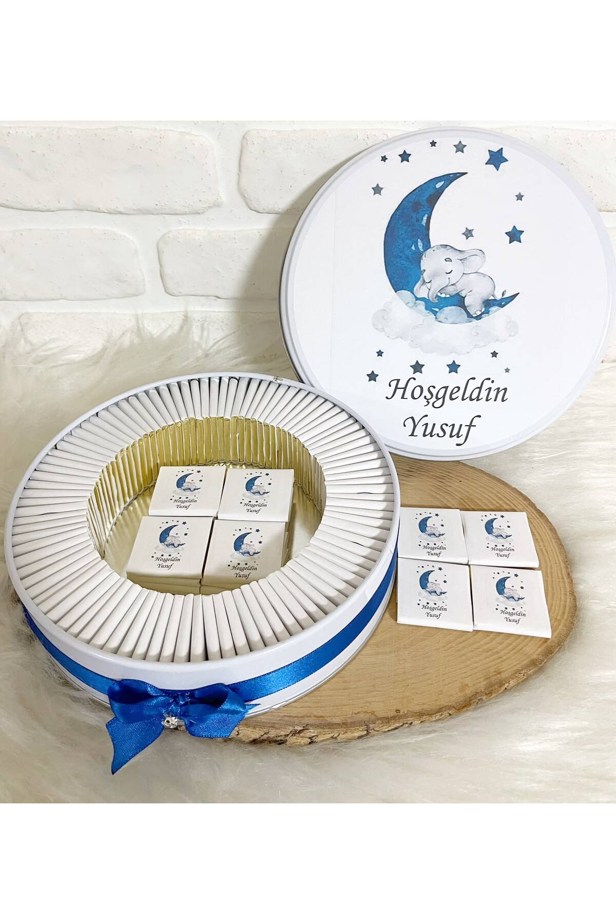 50 Adet Lacivert Ayda Uyuyan Fil Temalı İsme Özel Hoşgeldin Erkek Bebek Hediyelik Çikolata - Görsel 2