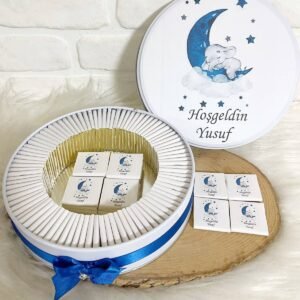 100 Adet Lacivert Ayda Uyuyan Fil Temalı İsme Özel Hoşgeldin Erkek Bebek Hediyelik Çikolata