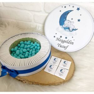 150 Adet+ 200 Gr Drajeli Lacivert Ayda Uyuyan Fil Temalı İsme Özel Hoşgeldin Erkek Bebek Hediyelik Çikolata