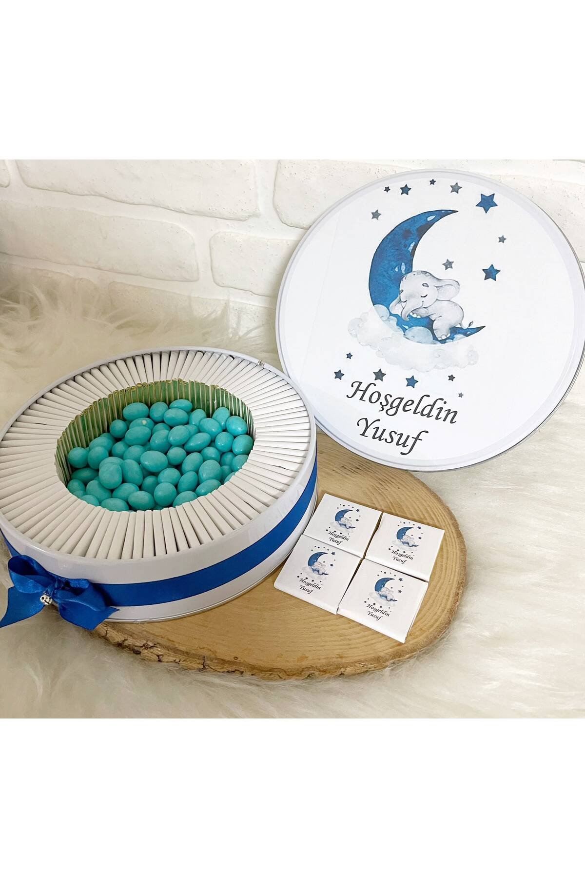150 Adet+ 200 Gr Drajeli Lacivert Ayda Uyuyan Fil Temalı İsme Özel Hoşgeldin Erkek Bebek Hediyelik Çikolata