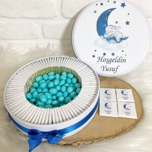 150 Adet+ 200 Gr Drajeli Lacivert Ayda Uyuyan Fil Temalı İsme Özel Hoşgeldin Erkek Bebek Hediyelik Çikolata