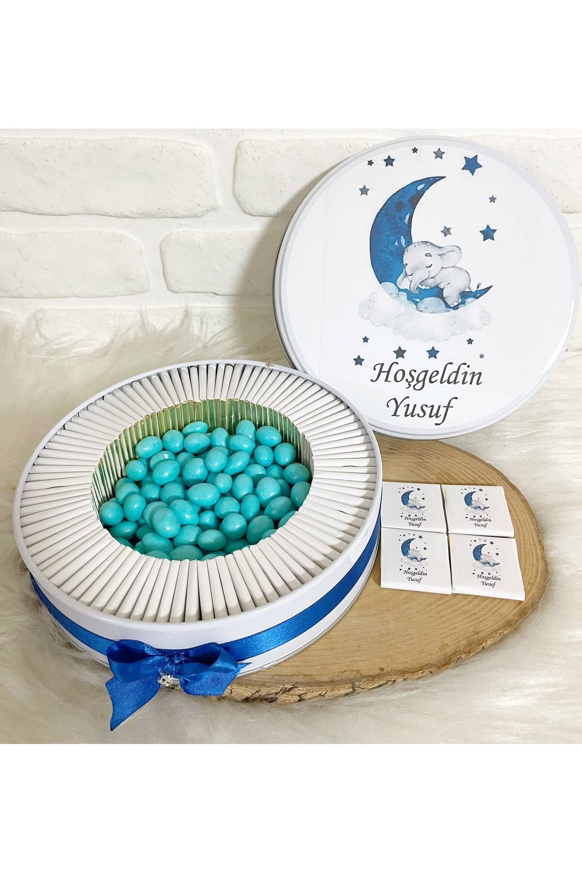 150 Adet+ 200 Gr Drajeli Lacivert Ayda Uyuyan Fil Temalı İsme Özel Hoşgeldin Erkek Bebek Hediyelik Çikolata - Görsel 2