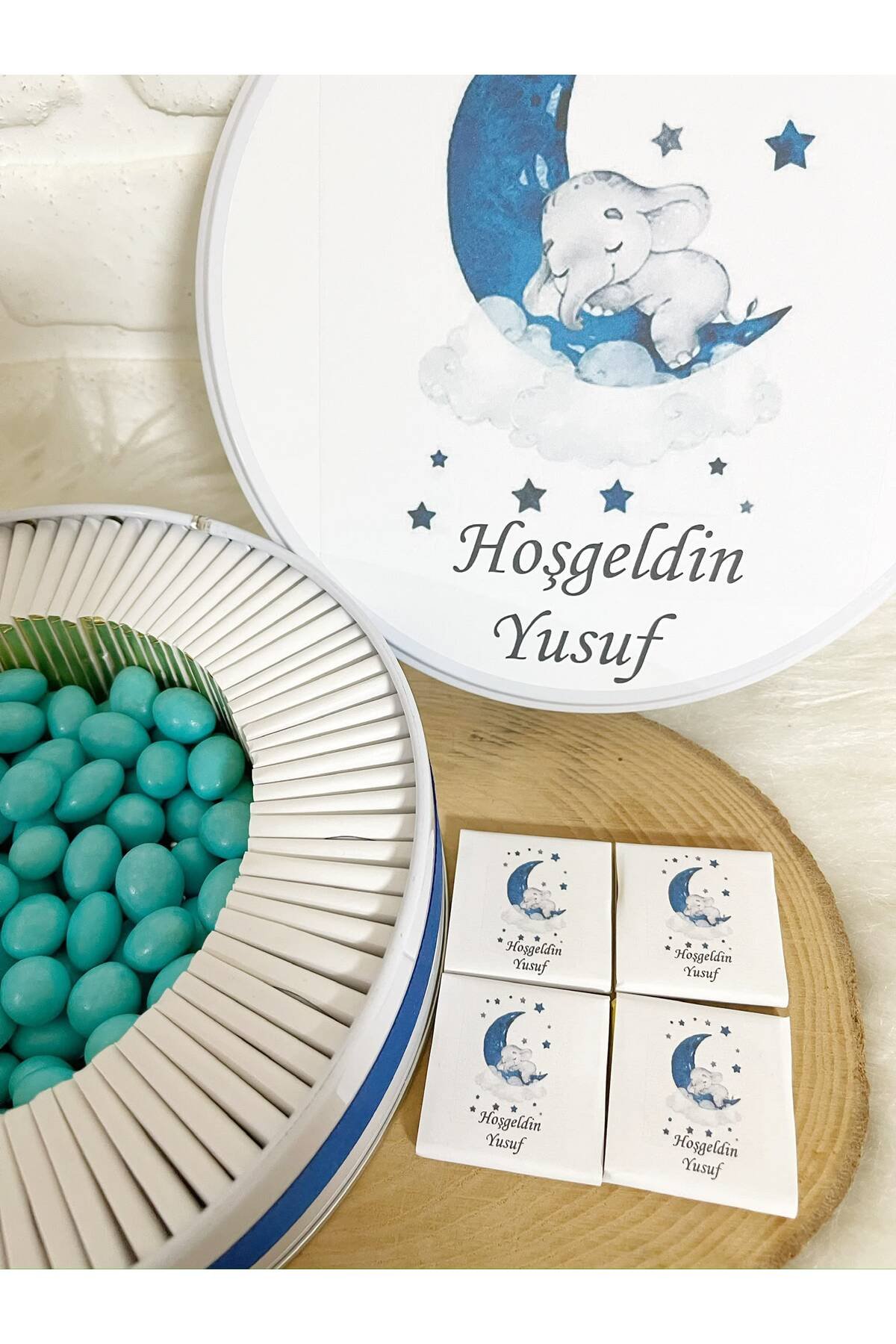 150 Adet+ 200 Gr Drajeli Lacivert Ayda Uyuyan Fil Temalı İsme Özel Hoşgeldin Erkek Bebek Hediyelik Çikolata - Görsel 3