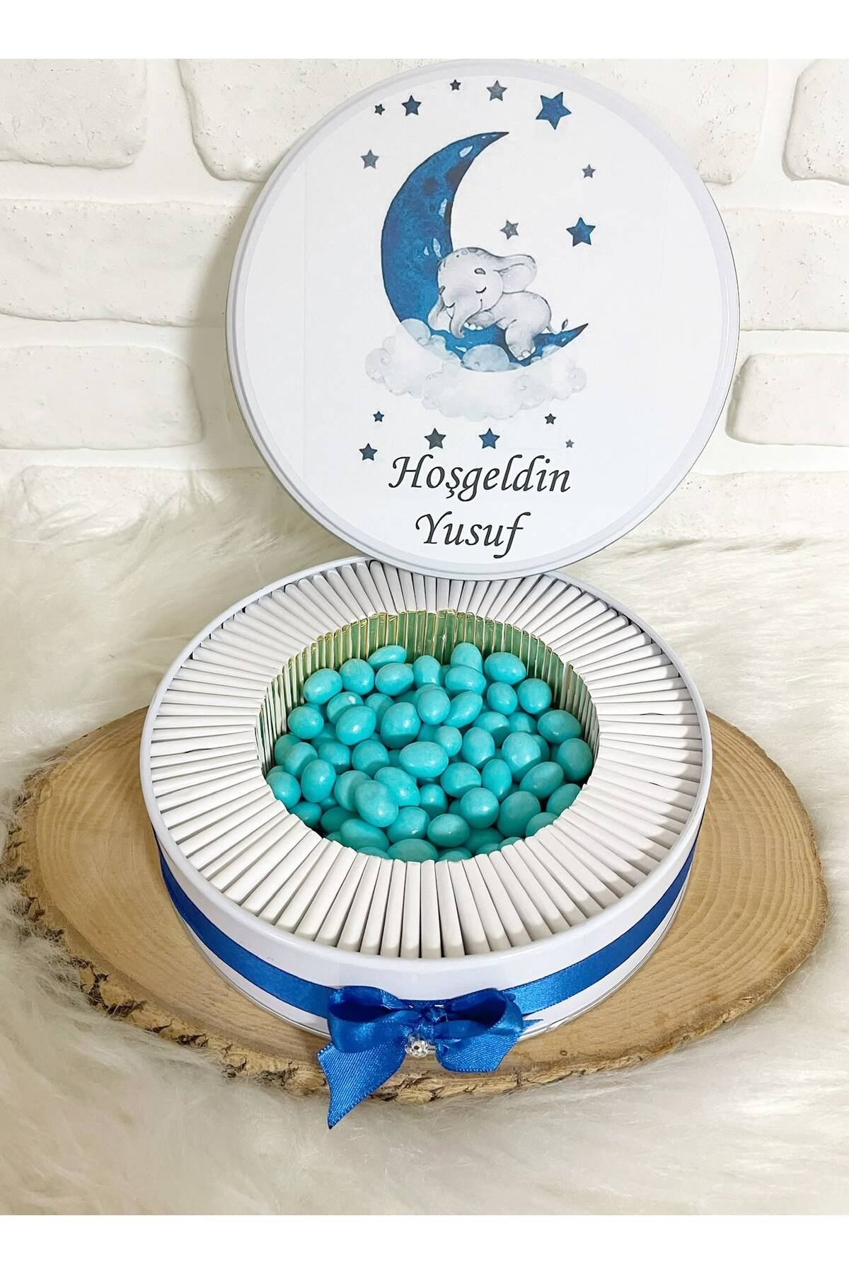150 Adet+ 200 Gr Drajeli Lacivert Ayda Uyuyan Fil Temalı İsme Özel Hoşgeldin Erkek Bebek Hediyelik Çikolata - Görsel 4