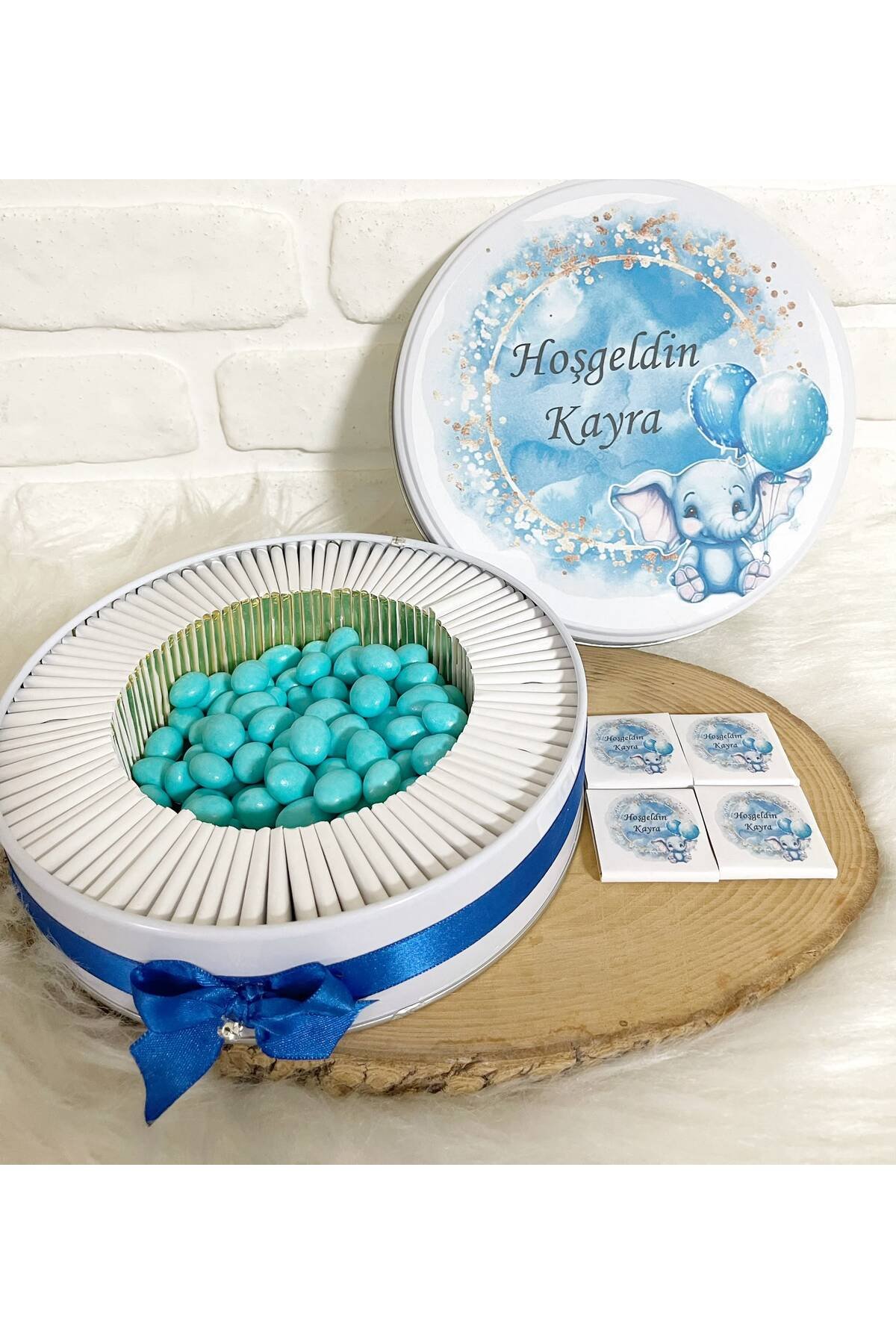 100 Adet+200 Gr Drajeli Mavi Sevimli Fil Temalı İsme Özel Hoşgeldin Erkek Bebek Hediyelik Çikolata