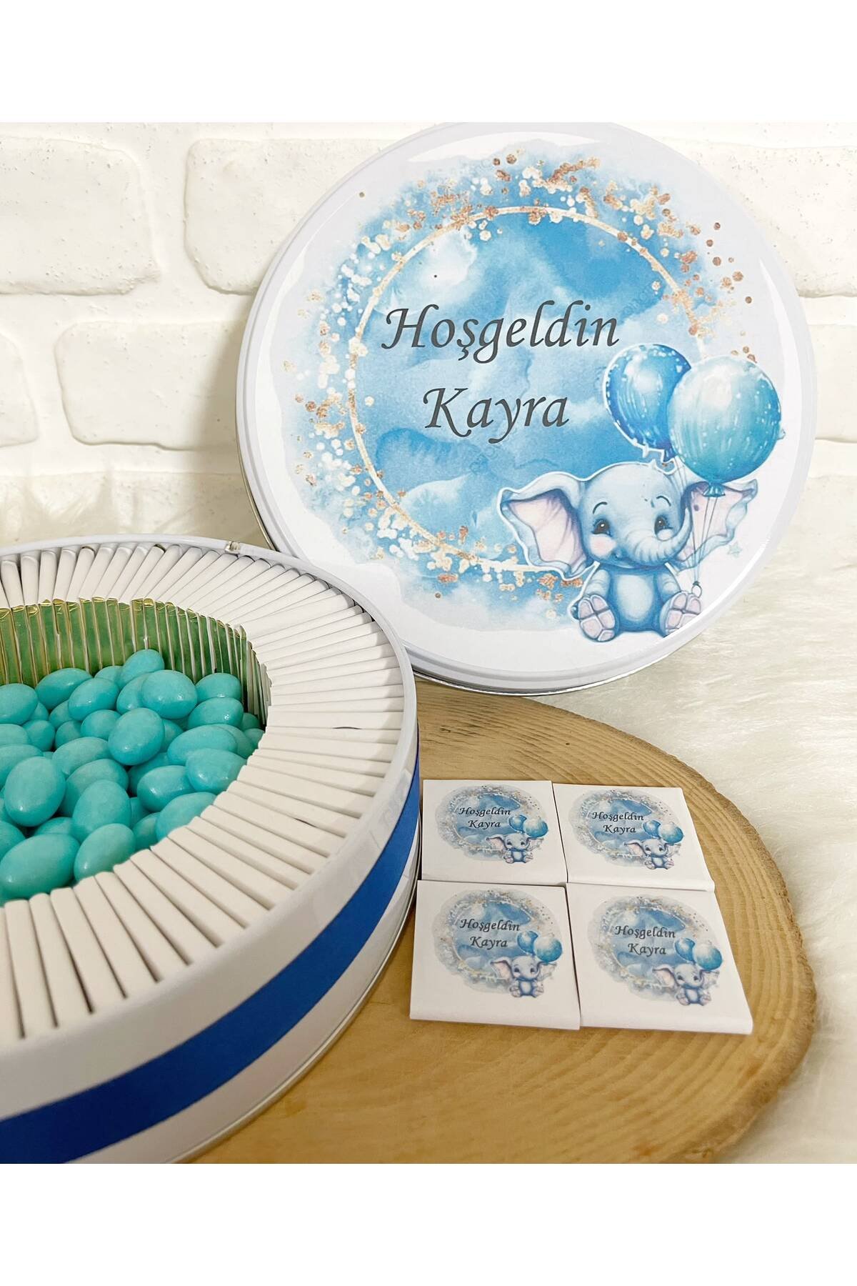 100 Adet+200 Gr Drajeli Mavi Sevimli Fil Temalı İsme Özel Hoşgeldin Erkek Bebek Hediyelik Çikolata - Görsel 3