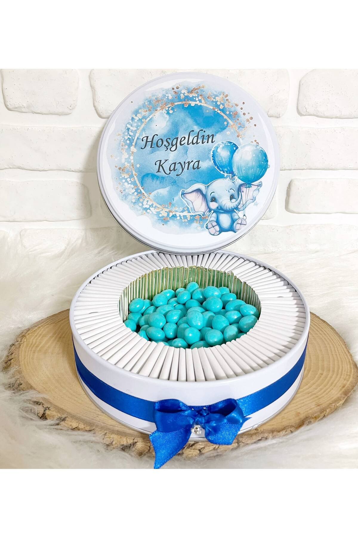 100 Adet+200 Gr Drajeli Mavi Sevimli Fil Temalı İsme Özel Hoşgeldin Erkek Bebek Hediyelik Çikolata - Görsel 4