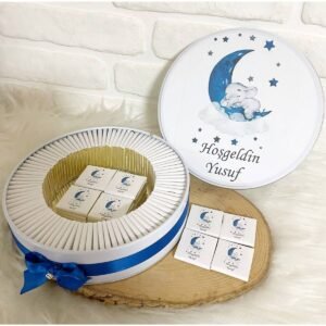 150 Adet Lacivert Ayda Uyuyan Fil Temalı İsme Özel Hoşgeldin Erkek Bebek Hediyelik Çikolata