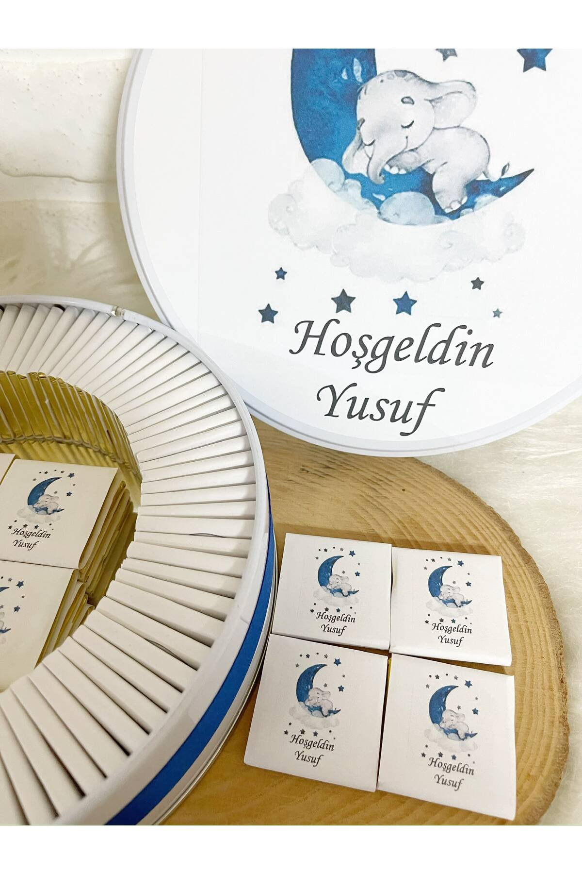 200 Adet Lacivert Ayda Uyuyan Fil Temalı İsme Özel Hoşgeldin Erkek Bebek Hediyelik Çikolata - Görsel 3