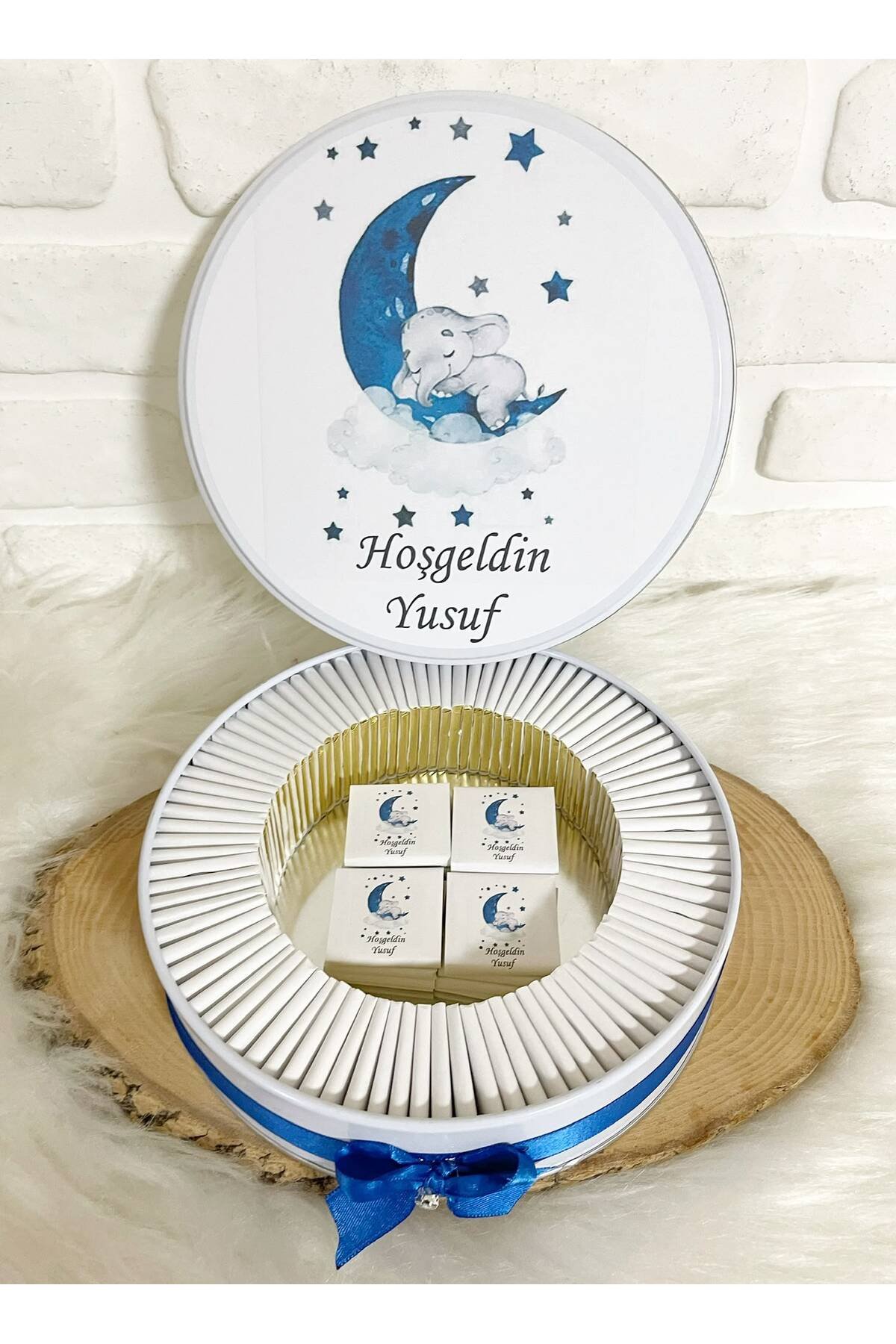 200 Adet Lacivert Ayda Uyuyan Fil Temalı İsme Özel Hoşgeldin Erkek Bebek Hediyelik Çikolata - Görsel 4