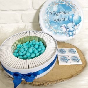 80 Adet+200 Gr Drajeli Mavi Sevimli Fil Temalı İsme Özel Hoşgeldin Erkek Bebek Hediyelik Çikolata