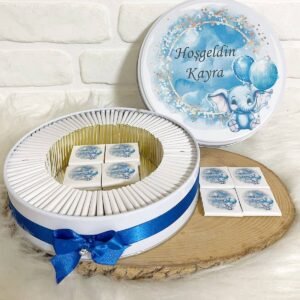 150 Adet Mavi Sevimli Fil Temalı İsme Özel Hoşgeldin Erkek Bebek Hediyelik Çikolata