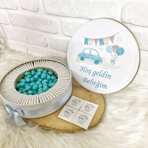 150 Adet+ 200 Gr Drajeli Mavi Araba Temalı İsme Özel Hoşgeldin Erkek Bebek Hediyelik Çikolata