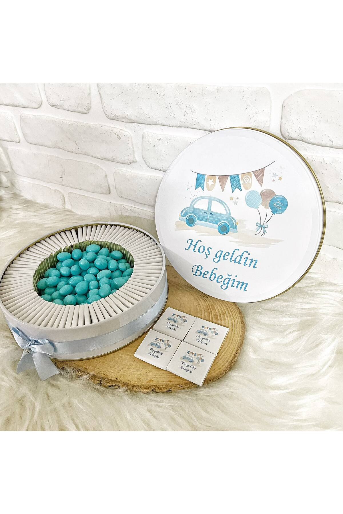 150 Adet+ 200 Gr Drajeli Mavi Araba Temalı İsme Özel Hoşgeldin Erkek Bebek Hediyelik Çikolata