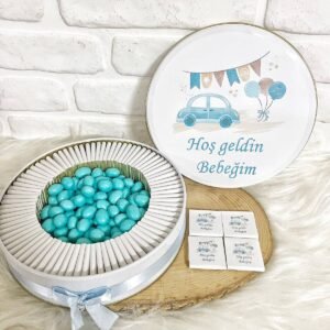150 Adet+ 200 Gr Drajeli Mavi Araba Temalı İsme Özel Hoşgeldin Erkek Bebek Hediyelik Çikolata
