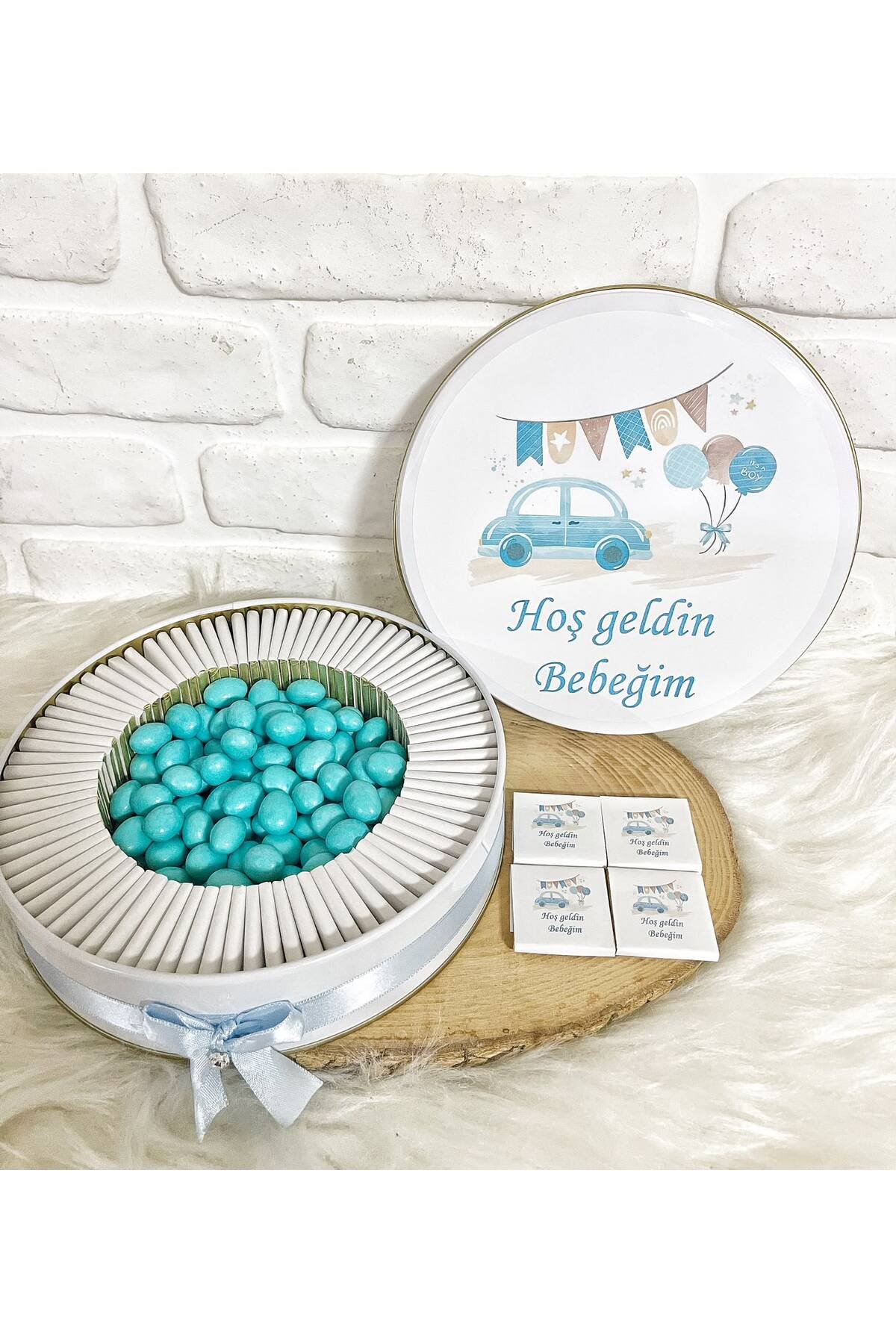 100 Adet+ 200 Gr Drajeli Mavi Araba Temalı İsme Özel Hoşgeldin Erkek Bebek Hediyelik Çikolata - Görsel 2
