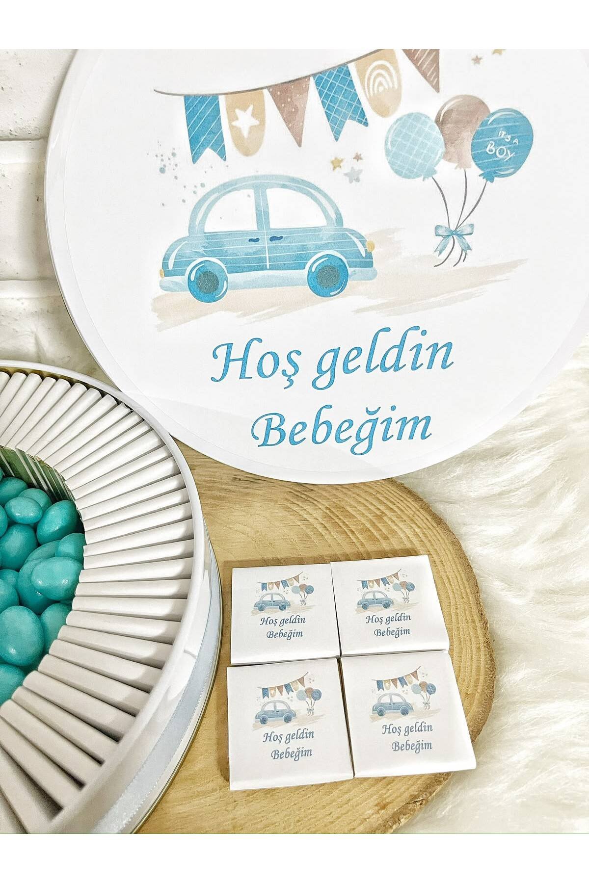 100 Adet+ 200 Gr Drajeli Mavi Araba Temalı İsme Özel Hoşgeldin Erkek Bebek Hediyelik Çikolata - Görsel 3