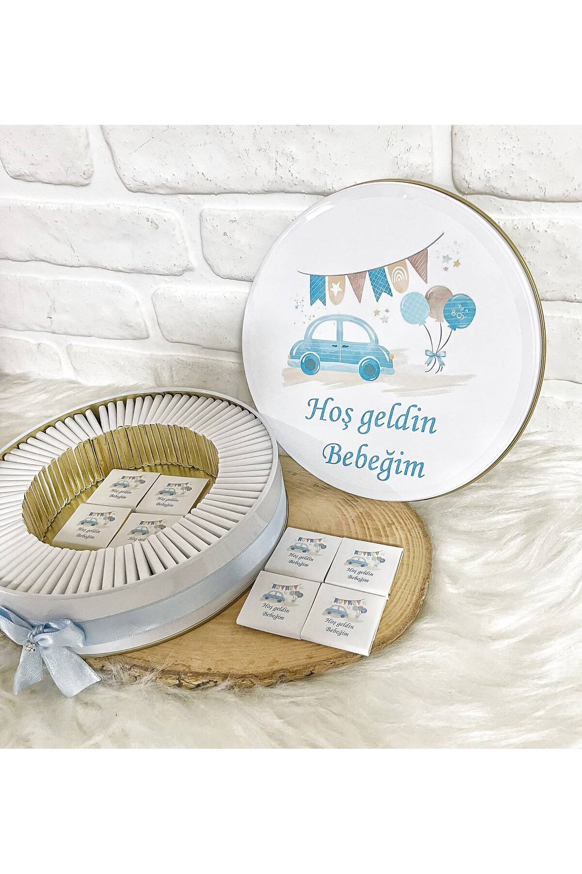 100 Adet Mavi Araba Temalı İsme Özel Hoşgeldin Erkek Bebek Hediyelik Çikolata