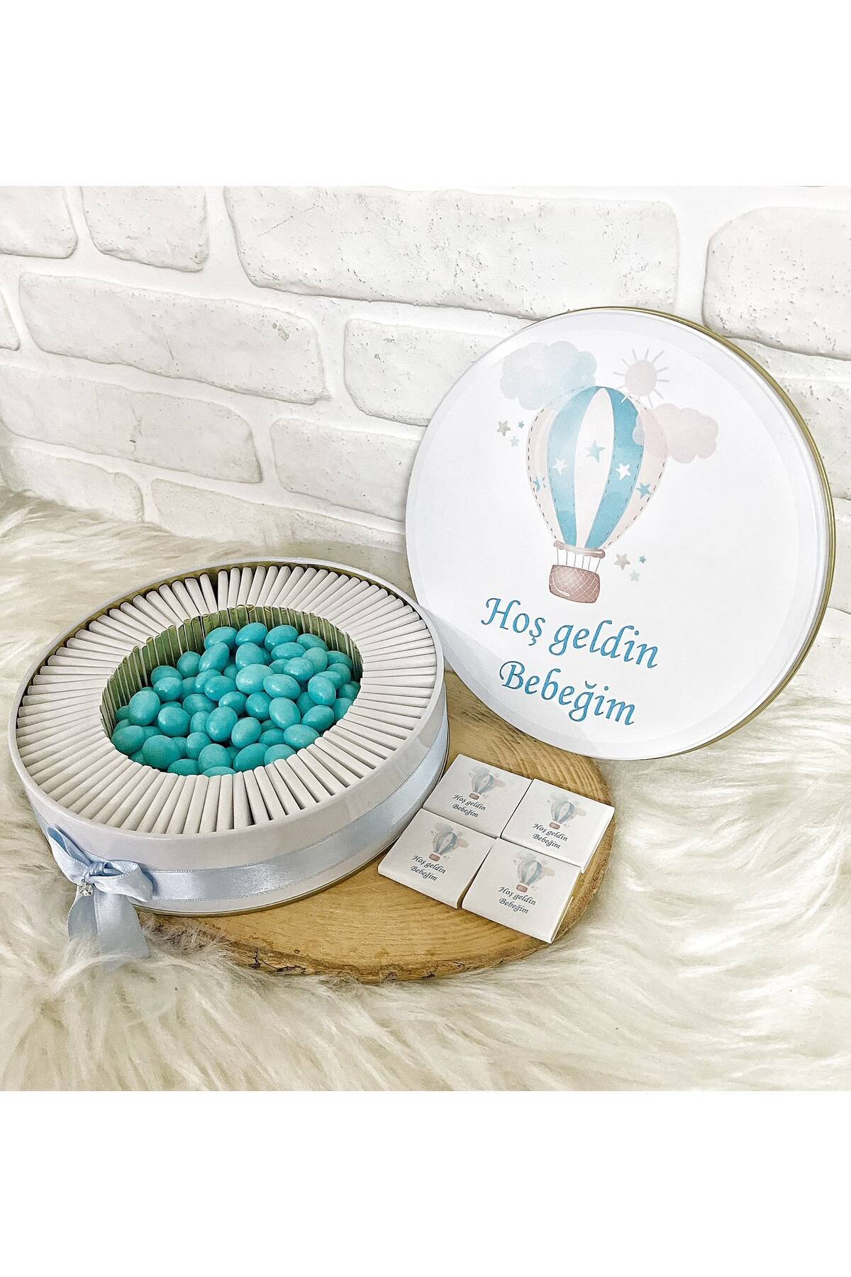 150 Adet +200 Gr Drajeli Mavi Uçan Balon Temalı İsme Özel Hoşgeldin Erkek Bebek Hediyelik Çikolata