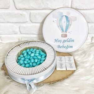 150 Adet +200 Gr Drajeli Mavi Uçan Balon Temalı İsme Özel Hoşgeldin Erkek Bebek Hediyelik Çikolata
