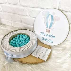 100 Adet +200 Gr Drajeli Mavi Uçan Balon Temalı İsme Özel Hoşgeldin Erkek Bebek Hediyelik Çikolata