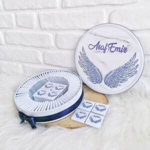 80 Adet Lacivert Melek Kanadı Temalı İsme Özel Hoşgeldin Erkek Bebek Hediyelik Çikolata