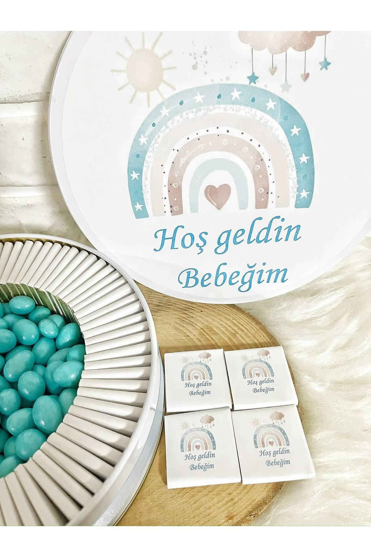 100 Adet +200 Gr Drajeli Mavi Bulutlu Gökkusağı Temalı İsme Özel Hoşgeldin Erkek Bebek Hediyelik Çikolata - Görsel 3