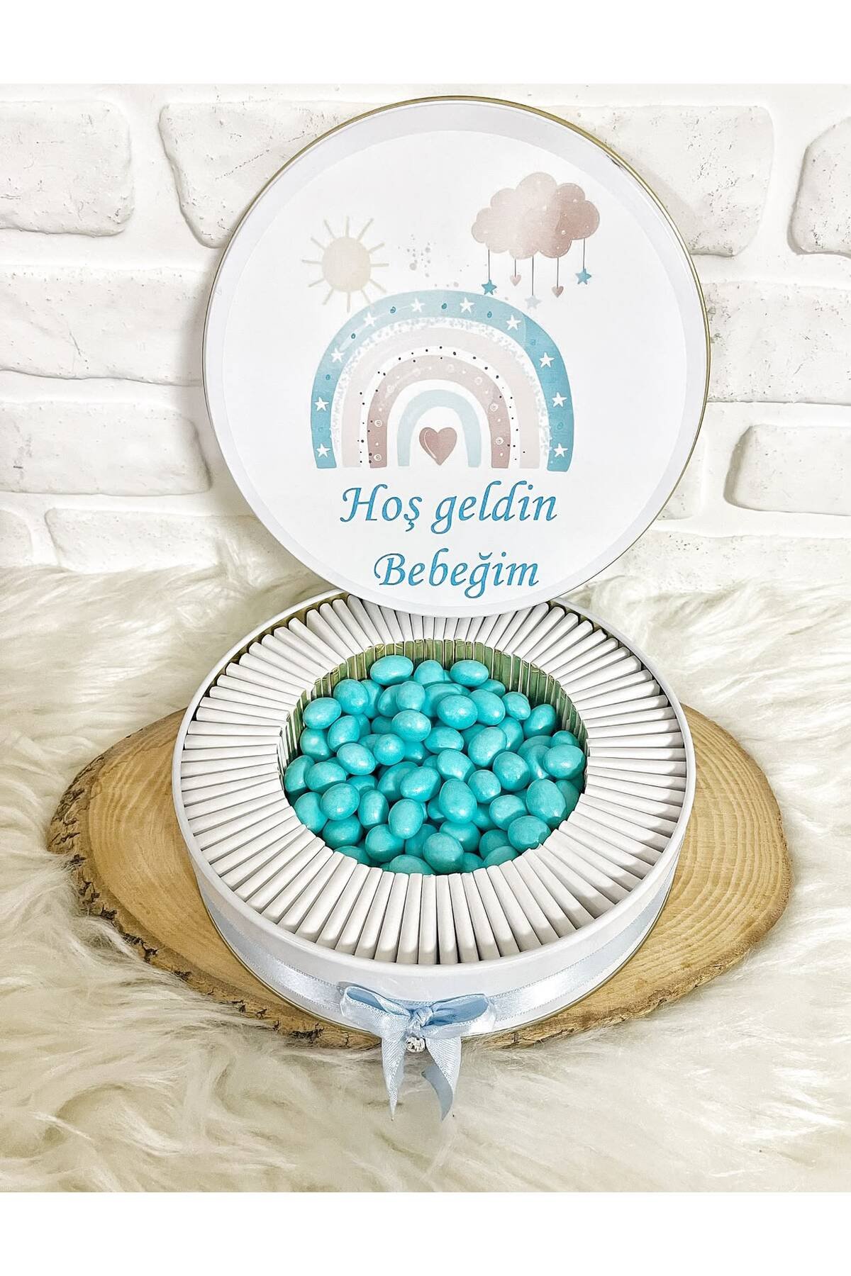 100 Adet +200 Gr Drajeli Mavi Bulutlu Gökkusağı Temalı İsme Özel Hoşgeldin Erkek Bebek Hediyelik Çikolata - Görsel 4
