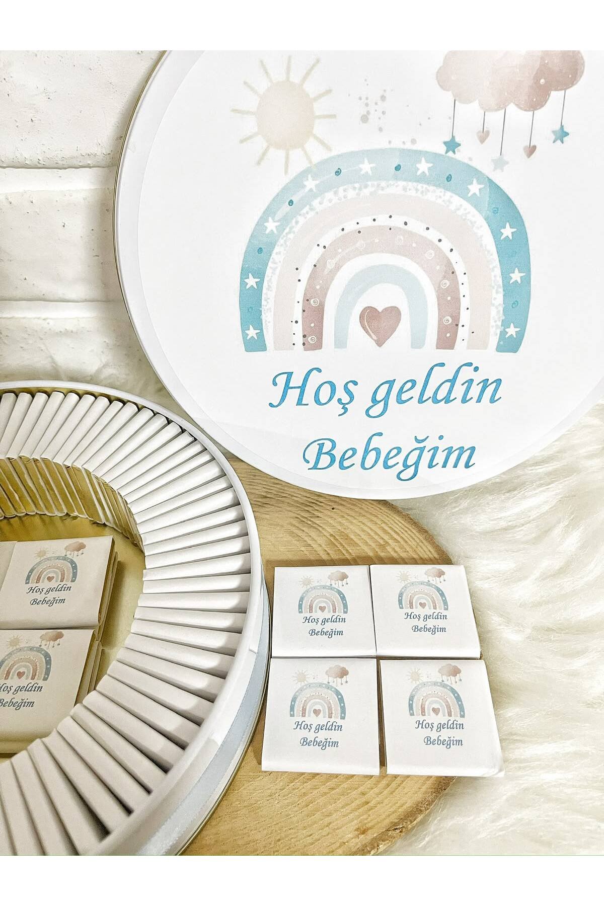 200 Adet Mavi Bulutlu Gökkusağı Temalı İsme Özel Hoşgeldin Erkek Bebek Hediyelik Çikolata - Görsel 3
