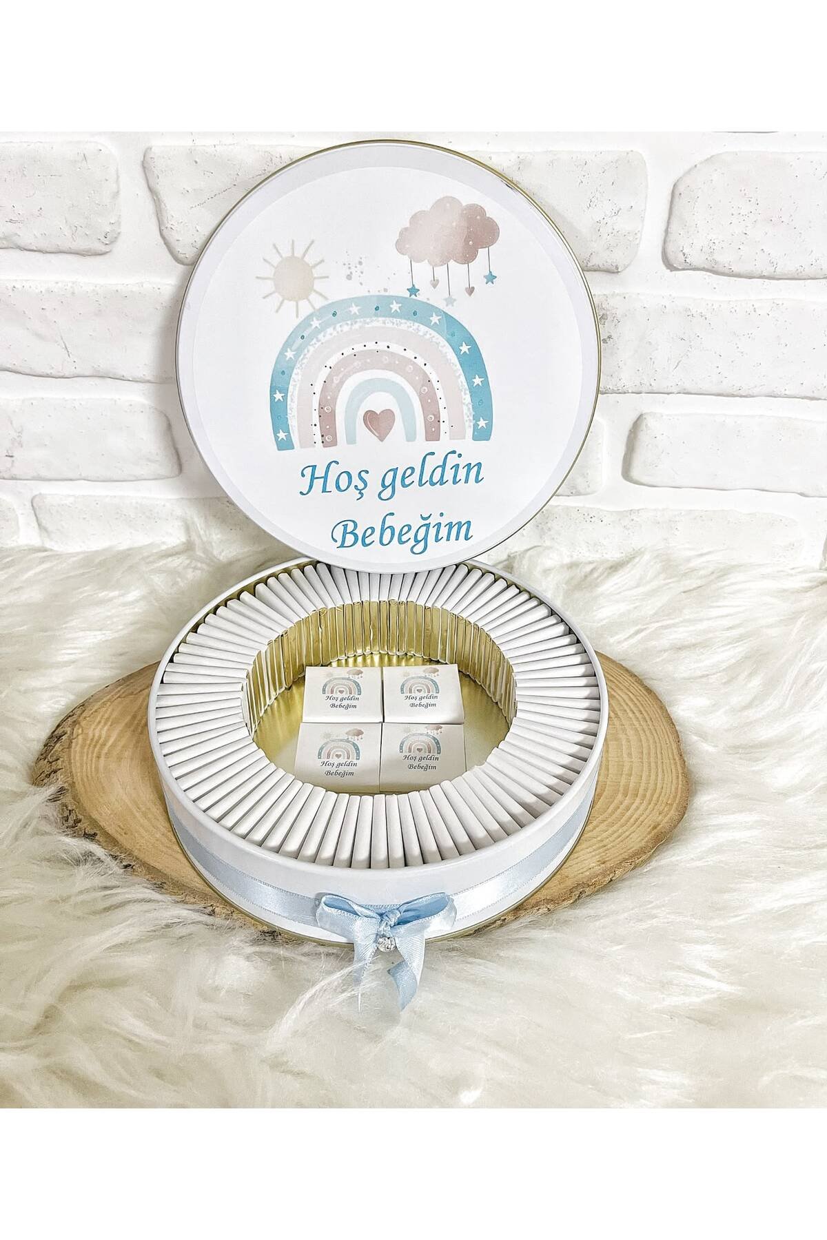 200 Adet Mavi Bulutlu Gökkusağı Temalı İsme Özel Hoşgeldin Erkek Bebek Hediyelik Çikolata - Görsel 4