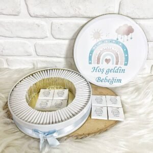 150 Adet Mavi Bulutlu Gökkusağı Temalı İsme Özel Hoşgeldin Erkek Bebek Hediyelik Çikolata