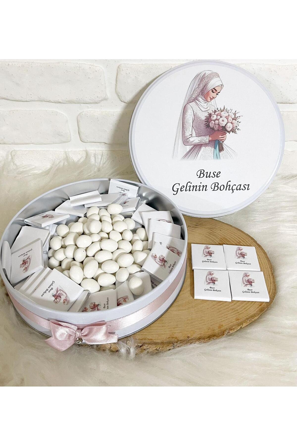 200 Adet + 200 gr Drajeli Tesettürlü Gelin Temalı İsme Özel Gelin Bohçası Hediyelik Çikolata